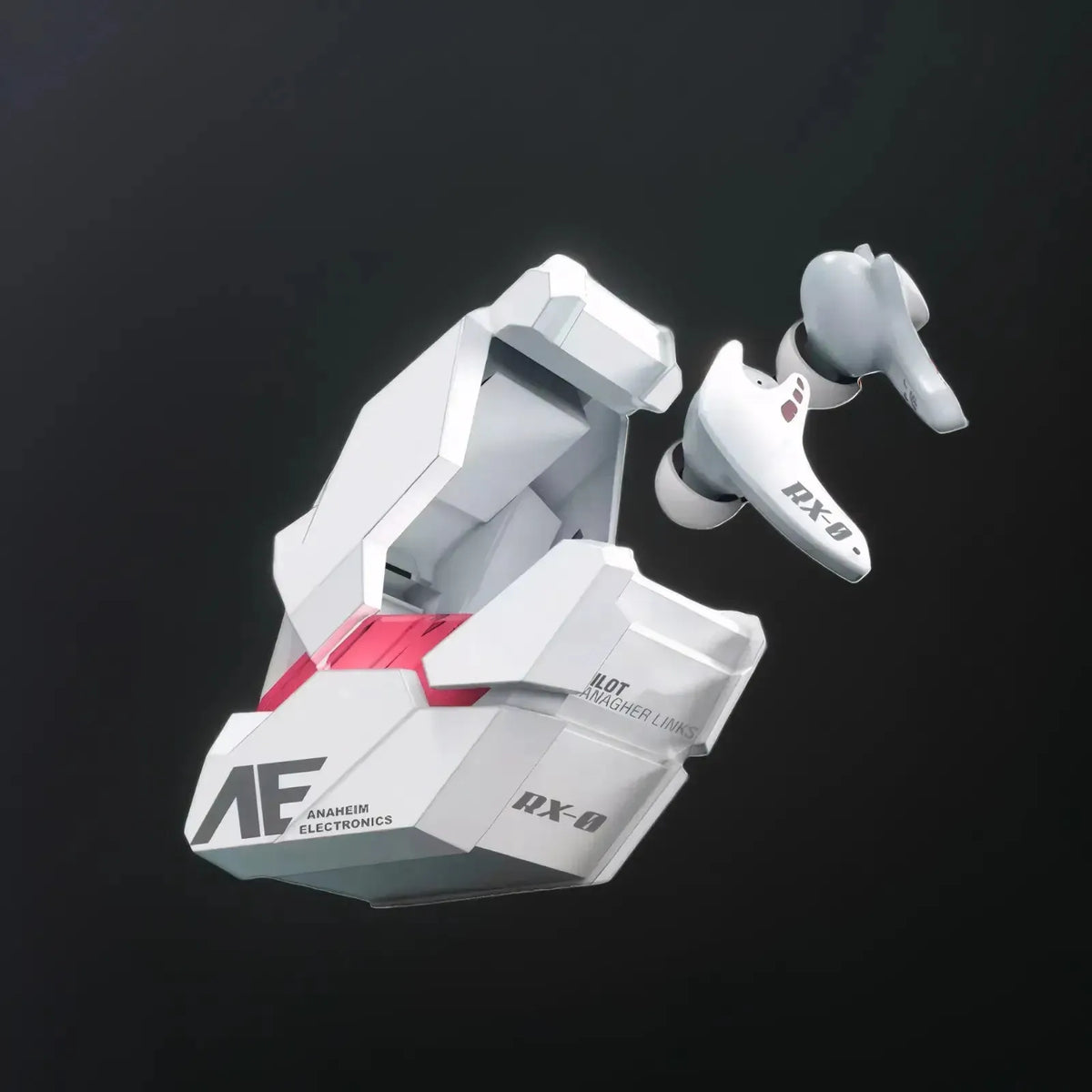 White Gundam Unicorn RX-0 earbuds and open armor charging case