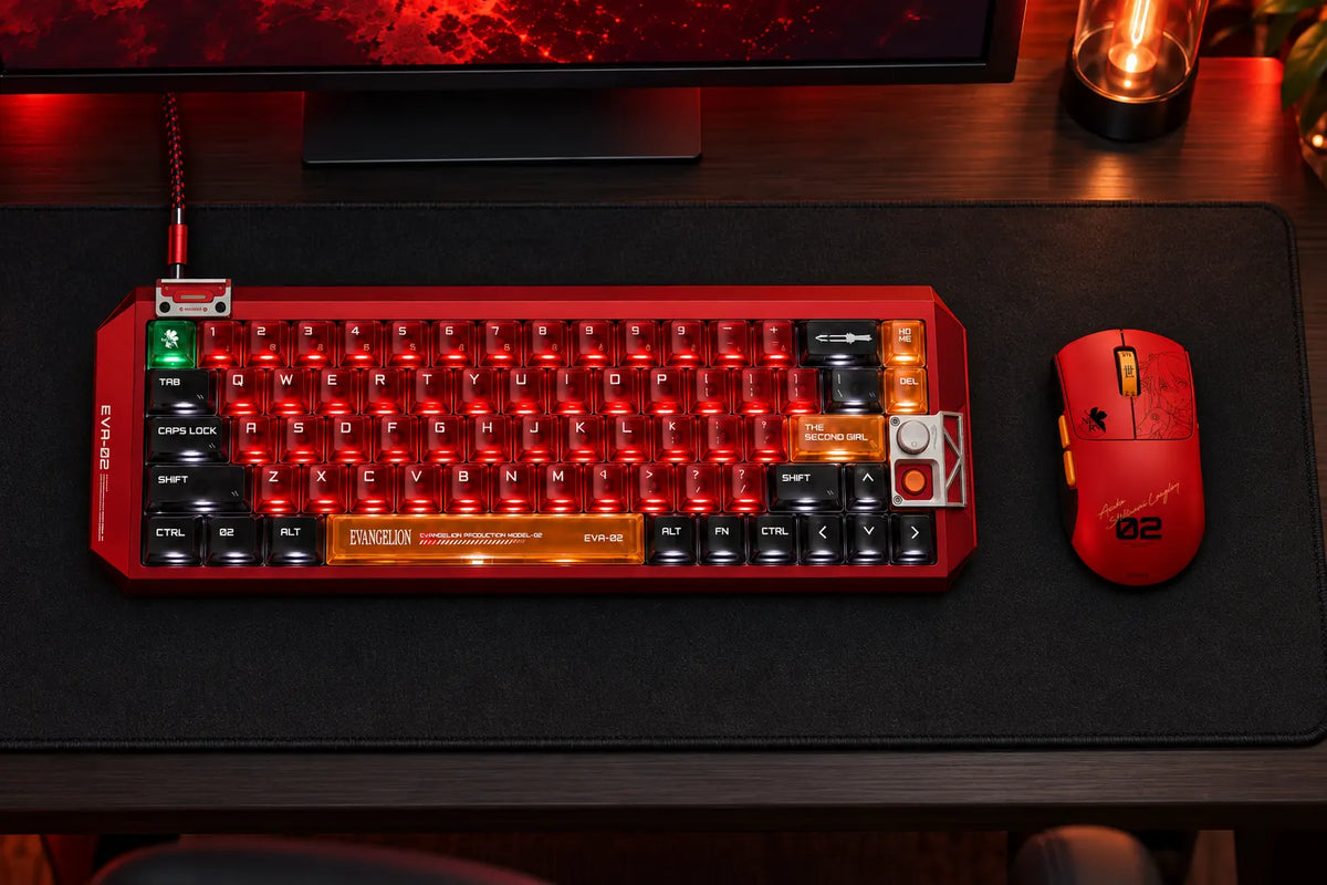 MelGeek x Evangelion Asuka keyboard and HORUS mouse in a red-lit desk setup