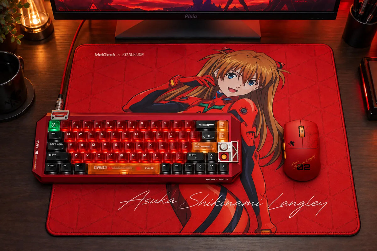 MelGeek x Evangelion Asuka keyboard, HORUS mouse, and Asuka mouse pad in a red-lit desk setup