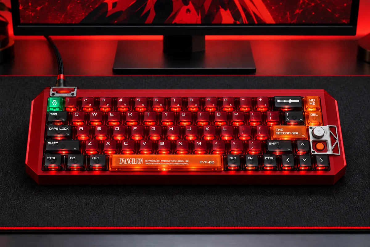 MelGeek x Evangelion Asuka keyboard in a red-lit desk setup