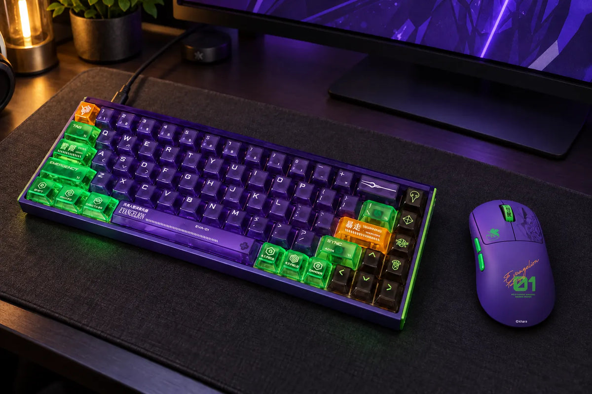 MelGeek x Evangelion EVA-01 keyboard and HORUS mouse in a purple-lit desk setup