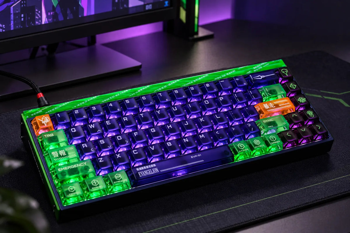 MelGeek x Evangelion EVA-01 keyboard in a purple-lit desk setup