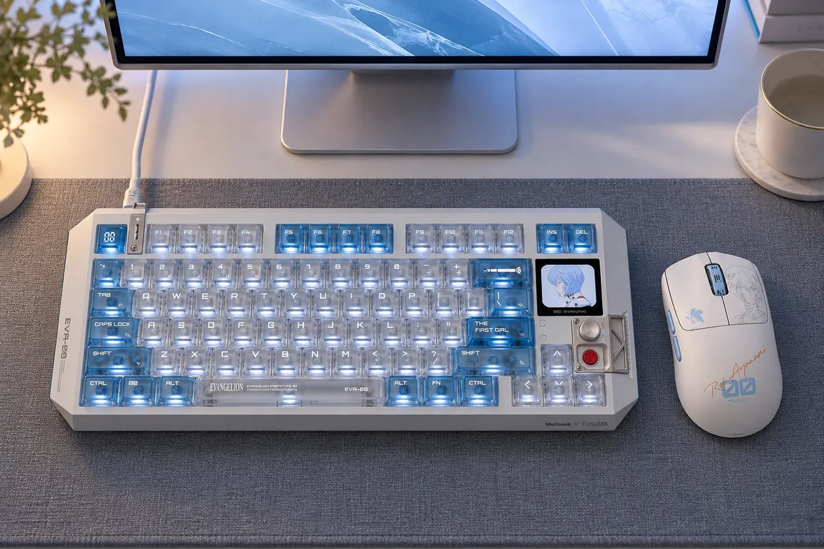 MelGeek x Evangelion Rei Ayanami keyboard and HORUS mouse in a cool blue desk setup