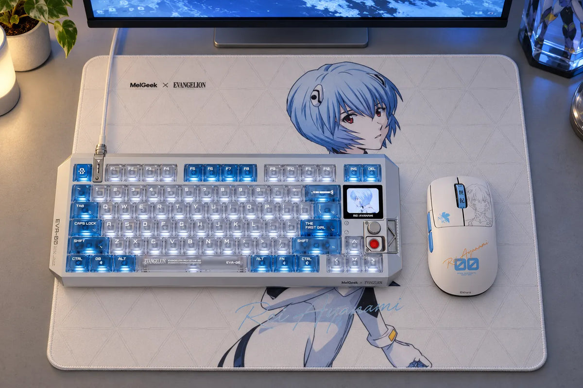 MelGeek x Evangelion Rei Ayanami keyboard, HORUS mouse, and Rei mouse pad in a cool blue desk setup
