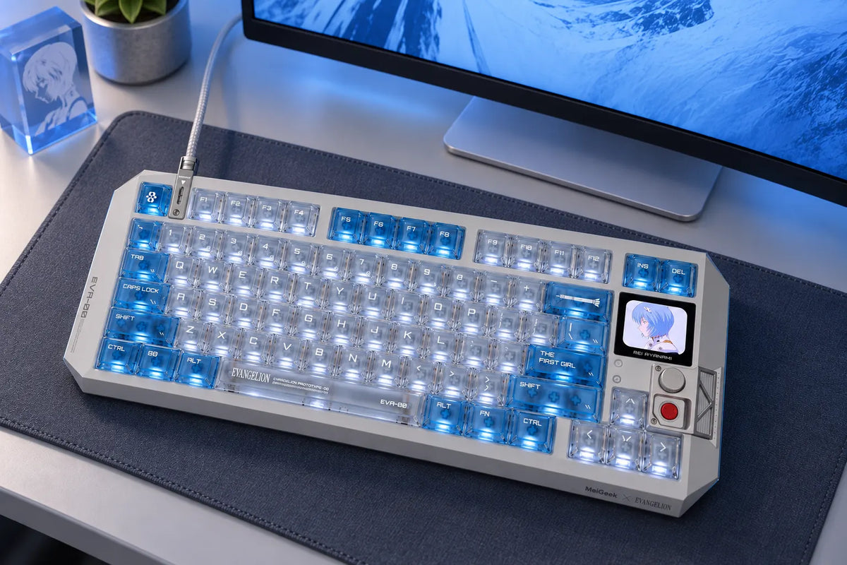 MelGeek x Evangelion Rei Ayanami keyboard in a cool blue desk setup
