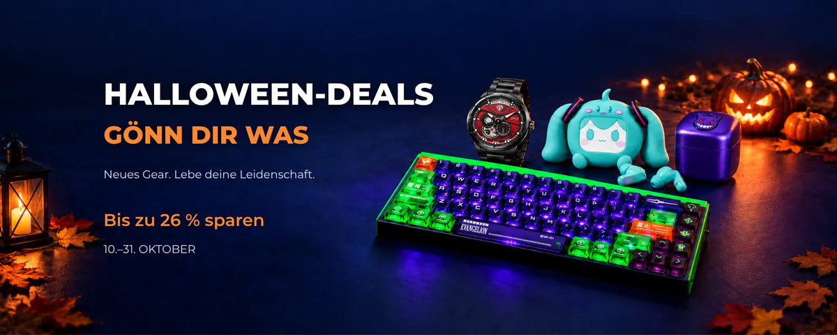 Halloween-Angebote vom 10.–31. Oktober: bis zu 26 % sparen. EVA-01-Tastatur, Zaku-Uhr, Hatsune-Miku-Ohrhörer und Gengar-Rasierer neben leuchtenden Kürbissen.