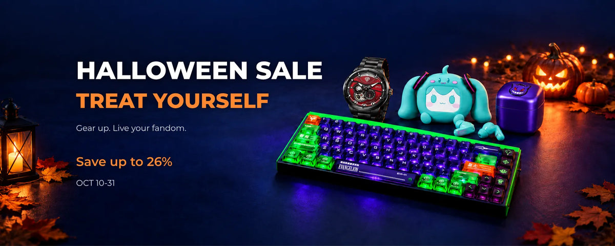 Halloween sale, October 10–31: save up to 26%. EVA-01 keyboard, Zaku watch, Hatsune Miku earbuds and Gengar shaver beside glowing pumpkins.