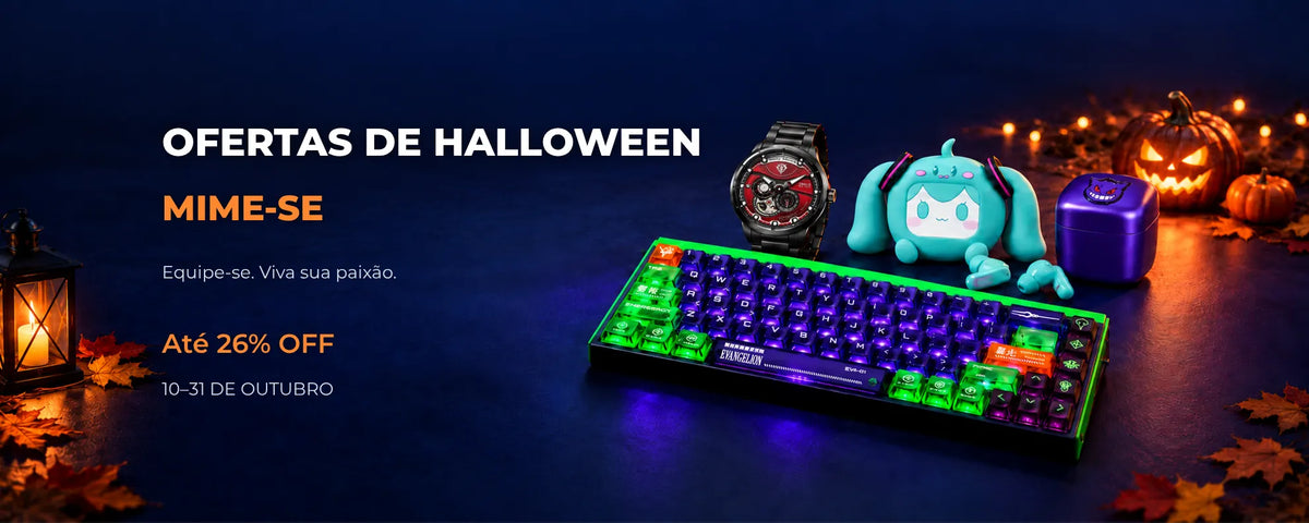 Ofertas de Halloween de 10 a 31 de outubro: até 26% de desconto. Teclado EVA-01, relógio Zaku, fones Hatsune Miku e barbeador Gengar ao lado de abóboras iluminadas.
