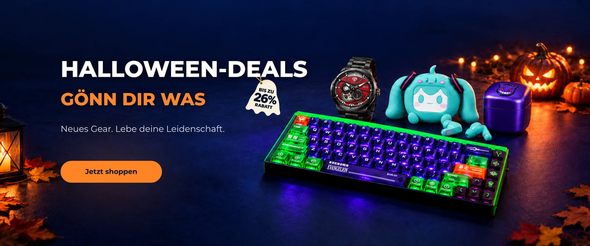 Jetzt Halloween-Angebote entdecken und bis zu 26 % sparen. EVA-01-Tastatur, Zaku-Uhr, Hatsune-Miku-Ohrhörer und Gengar-Rasierer neben leuchtenden Kürbissen.