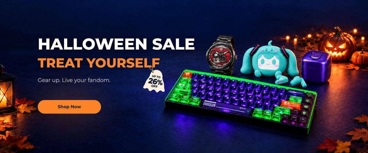 Shop the Halloween sale and save up to 26%. EVA-01 keyboard, Zaku watch, Hatsune Miku earbuds and Gengar shaver beside glowing pumpkins.