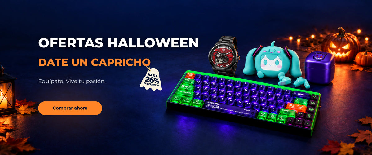 Compra las ofertas de Halloween con hasta un 26 % de descuento. Teclado EVA-01, reloj Zaku, auriculares Hatsune Miku y afeitadora Gengar junto a calabazas iluminadas.