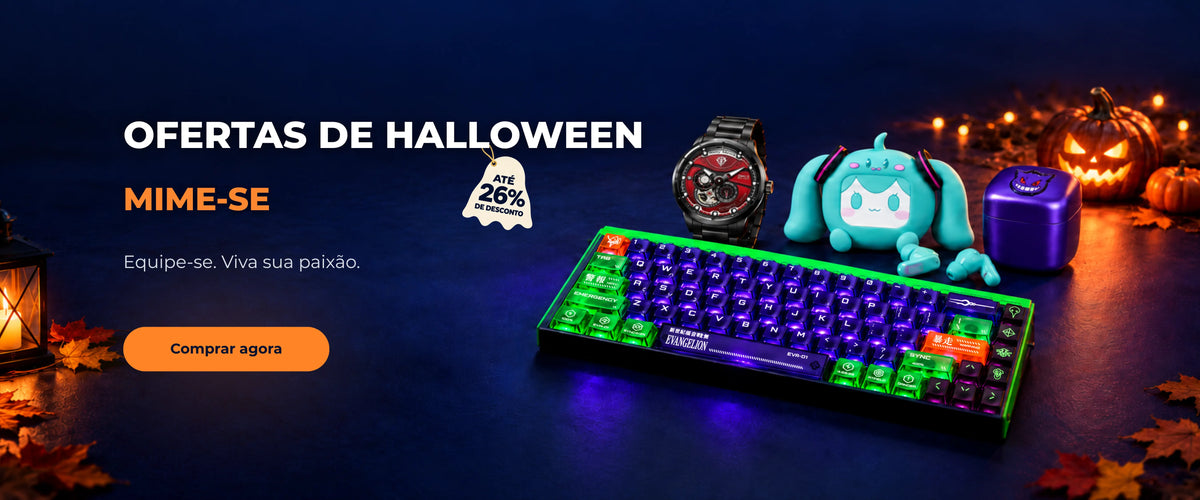 Compre nas ofertas de Halloween com até 26% de desconto. Teclado EVA-01, relógio Zaku, fones Hatsune Miku e barbeador Gengar ao lado de abóboras iluminadas.