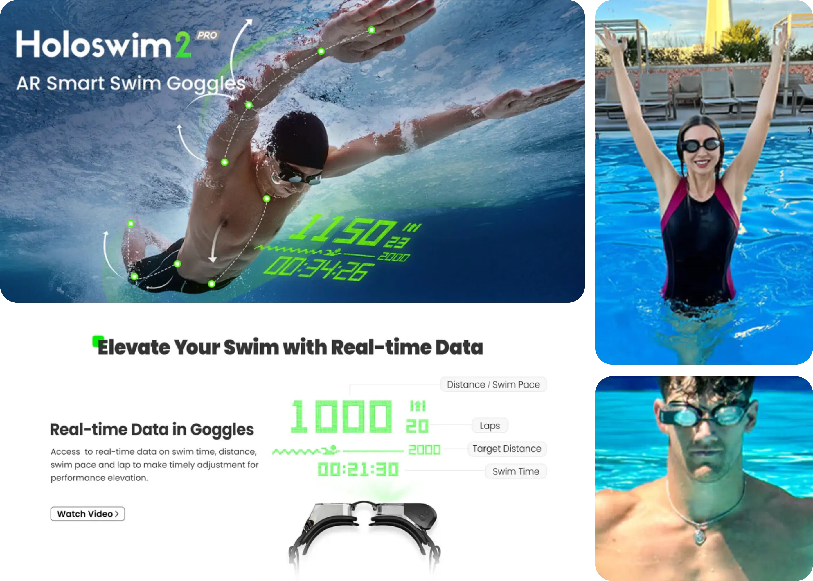 Holoswim 2 Pro AR goggles showing real-time swim data in the swimmer's field of view