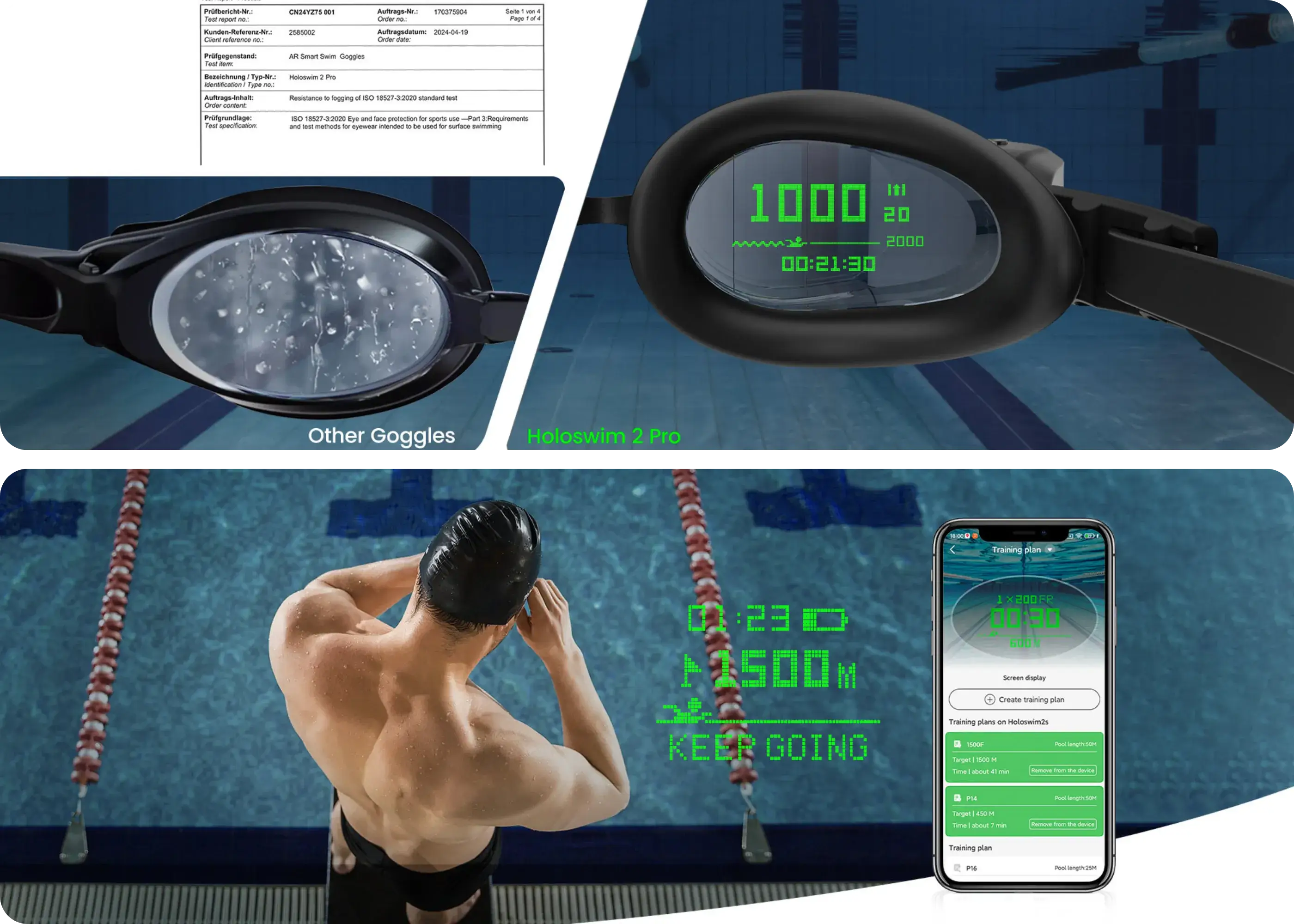Holoswim 2 Pro goggles with TÜV-certified anti-fog coating for clear underwater vision