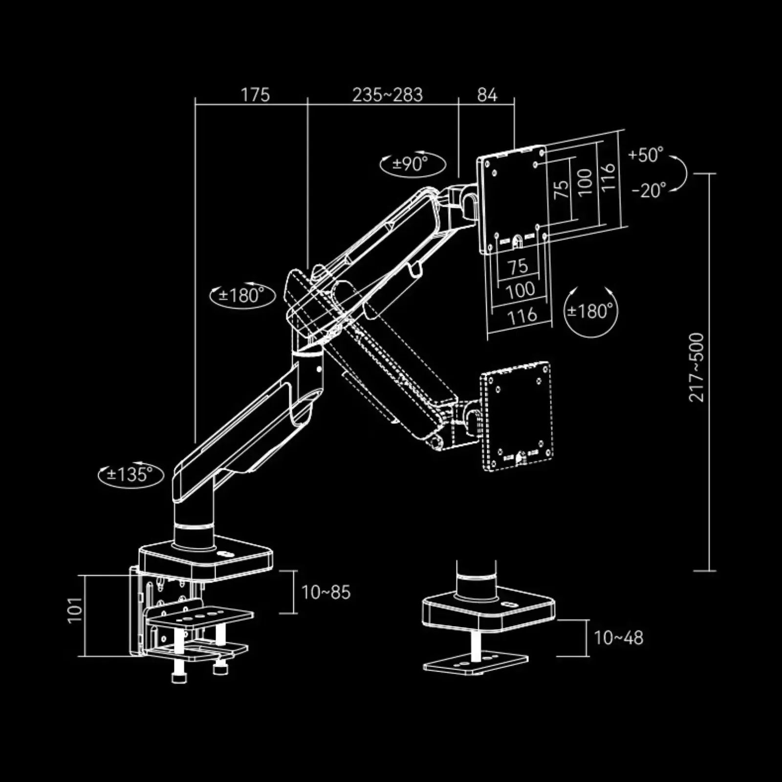 HumaneX T18-1E monitor arm dimensions and adjustment range