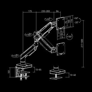 HumaneX T18-1E monitor arm dimensions and adjustment range