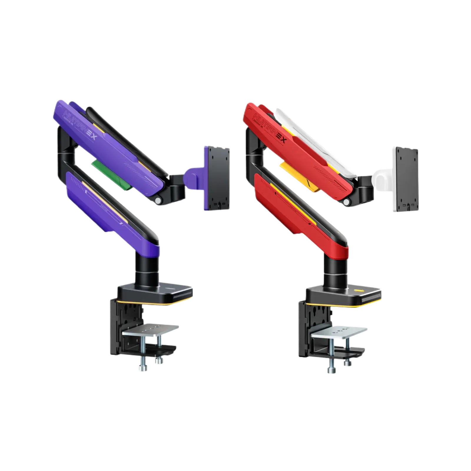 HumaneX T18-1E heavy-duty RGB gaming monitor arm in purple and red