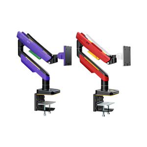 HumaneX T18-1E heavy-duty RGB gaming monitor arm in purple and red