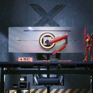 HumaneX T18-1E red RGB monitor arm in a gaming setup