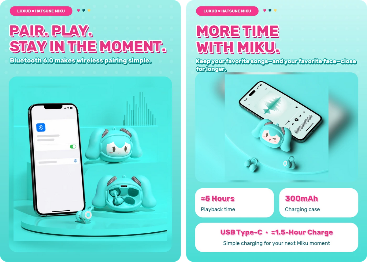 LUXUB × Hatsune Miku clip-on oordopjes met verwisselbare gezichtsuitdrukkingen – productdetailafbeelding