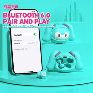 LUXUB MKB06 clip-on earbuds beside a phone showing Bluetooth 6.0 pairing, with the Hatsune Miku case open and closed.
