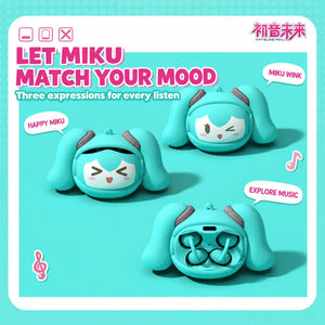 Hatsune Miku MKB06 charging case with happy and winking faces plus an open view of the earbuds.