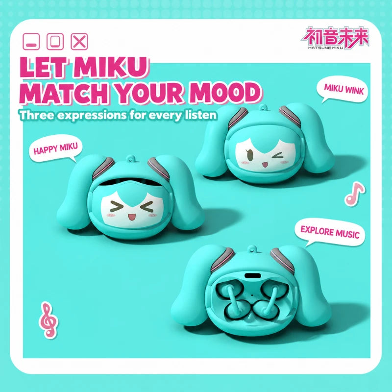 Hatsune Miku MKB06 charging case with happy and winking faces plus an open view of the earbuds.