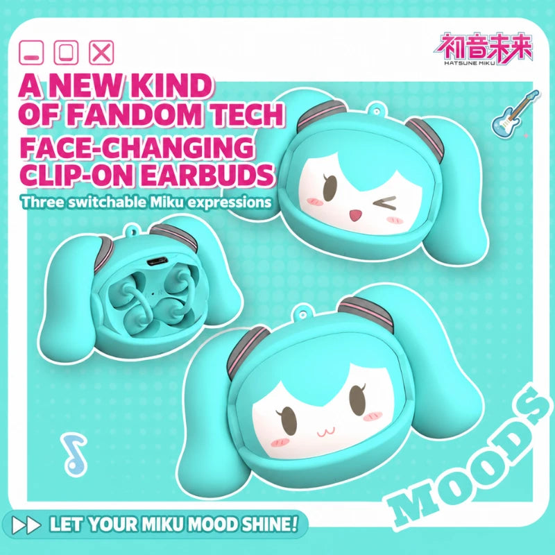 Three switchable Hatsune Miku expressions on the MKB06 charging case, including an open view of the clip-on earbuds.