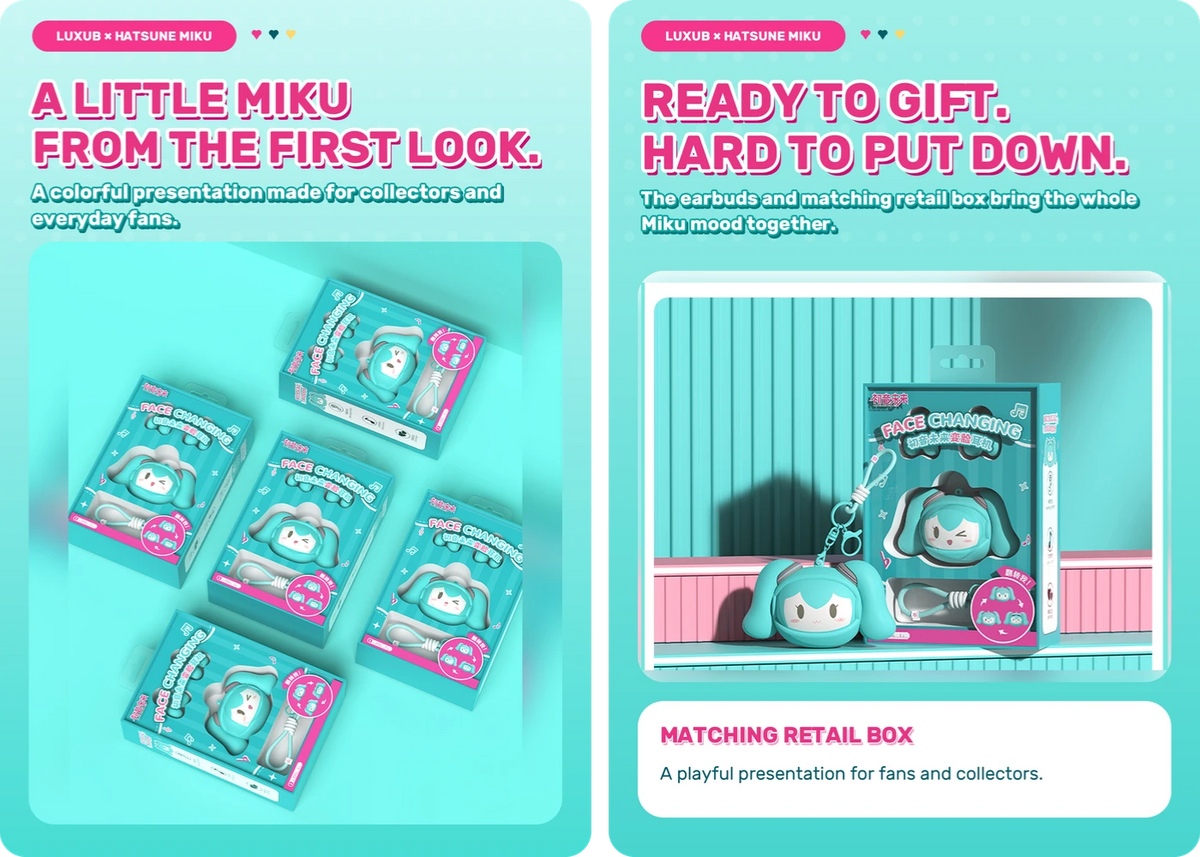 LUXUB × Hatsune Miku clip-on oordopjes met verwisselbare gezichtsuitdrukkingen – productdetailafbeelding