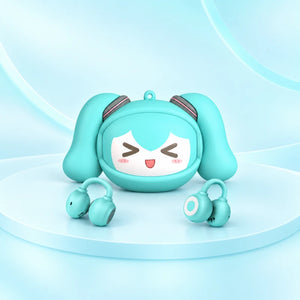 Green LUXUB Hatsune Miku MKB06 clip-on earbuds with a happy-face charging case on a blue display.