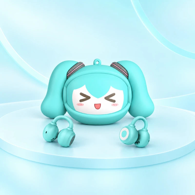 Green LUXUB Hatsune Miku MKB06 clip-on earbuds with a happy-face charging case on a blue display.