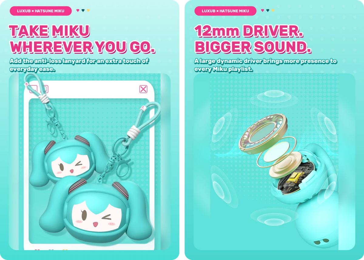 LUXUB × Hatsune Miku clip-on oordopjes met verwisselbare gezichtsuitdrukkingen – productdetailafbeelding