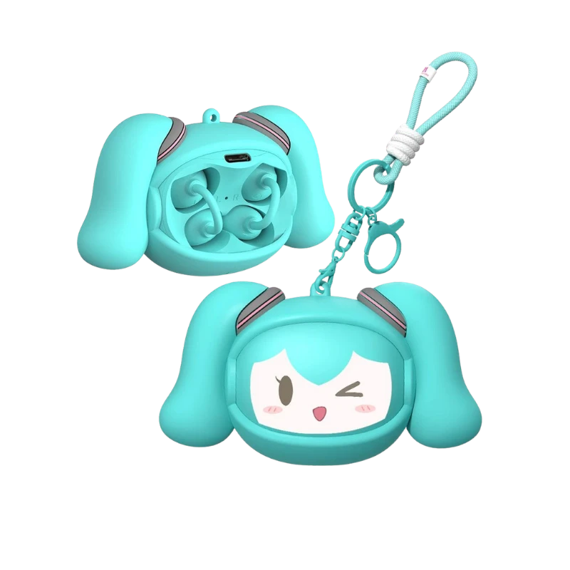 Green LUXUB Hatsune Miku MKB06 clip-on earbuds with an open and closed face-changing case and anti-loss lanyard.
