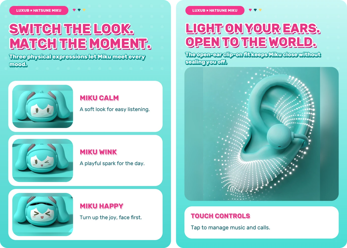 LUXUB × Hatsune Miku clip-on oordopjes met verwisselbare gezichtsuitdrukkingen – productdetailafbeelding