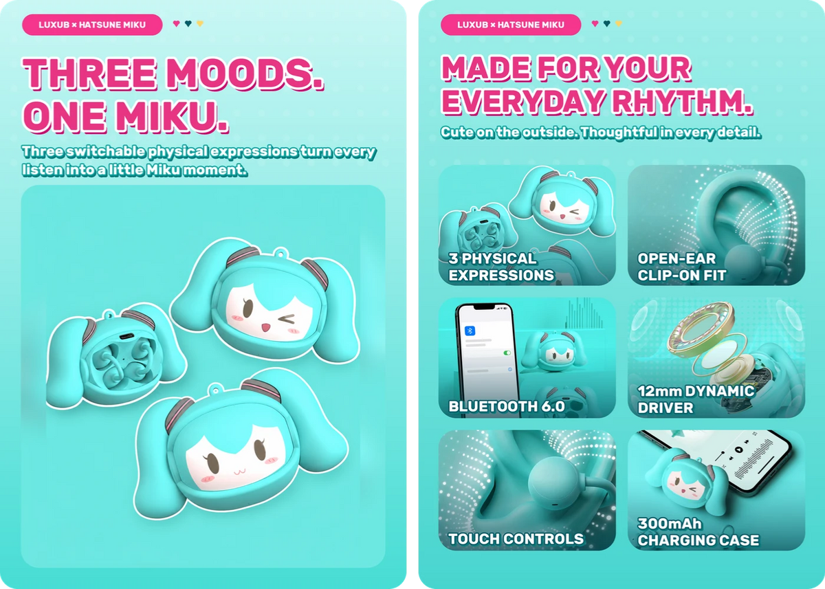 LUXUB × Hatsune Miku clip-on oordopjes met verwisselbare gezichtsuitdrukkingen – productdetailafbeelding