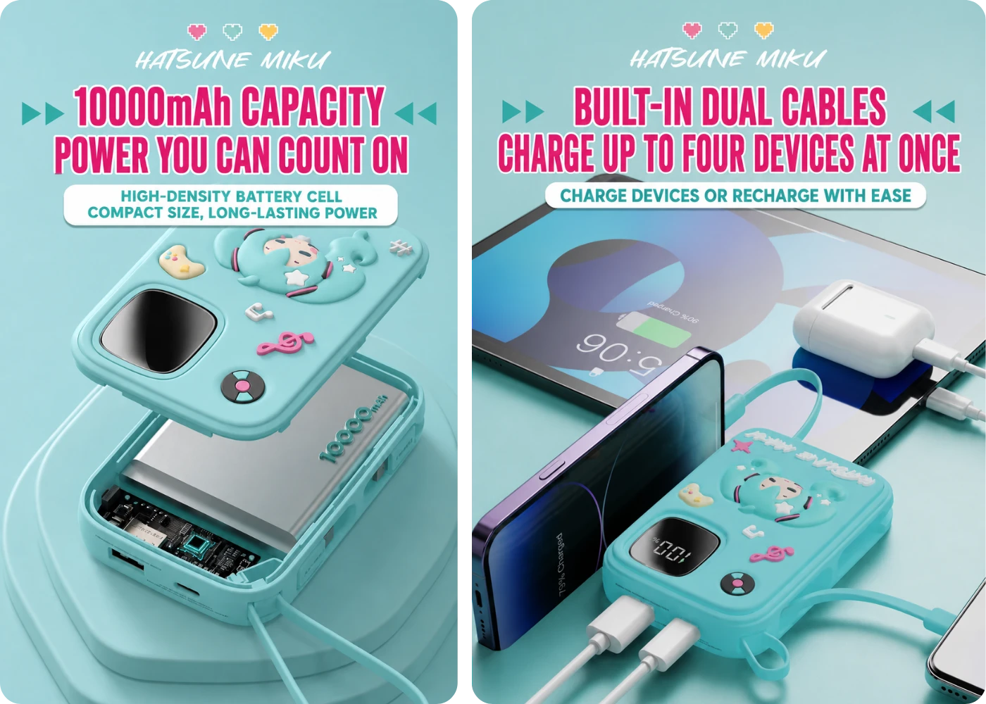Hatsune Miku 10000mAh power bank charging two devices simultaneously