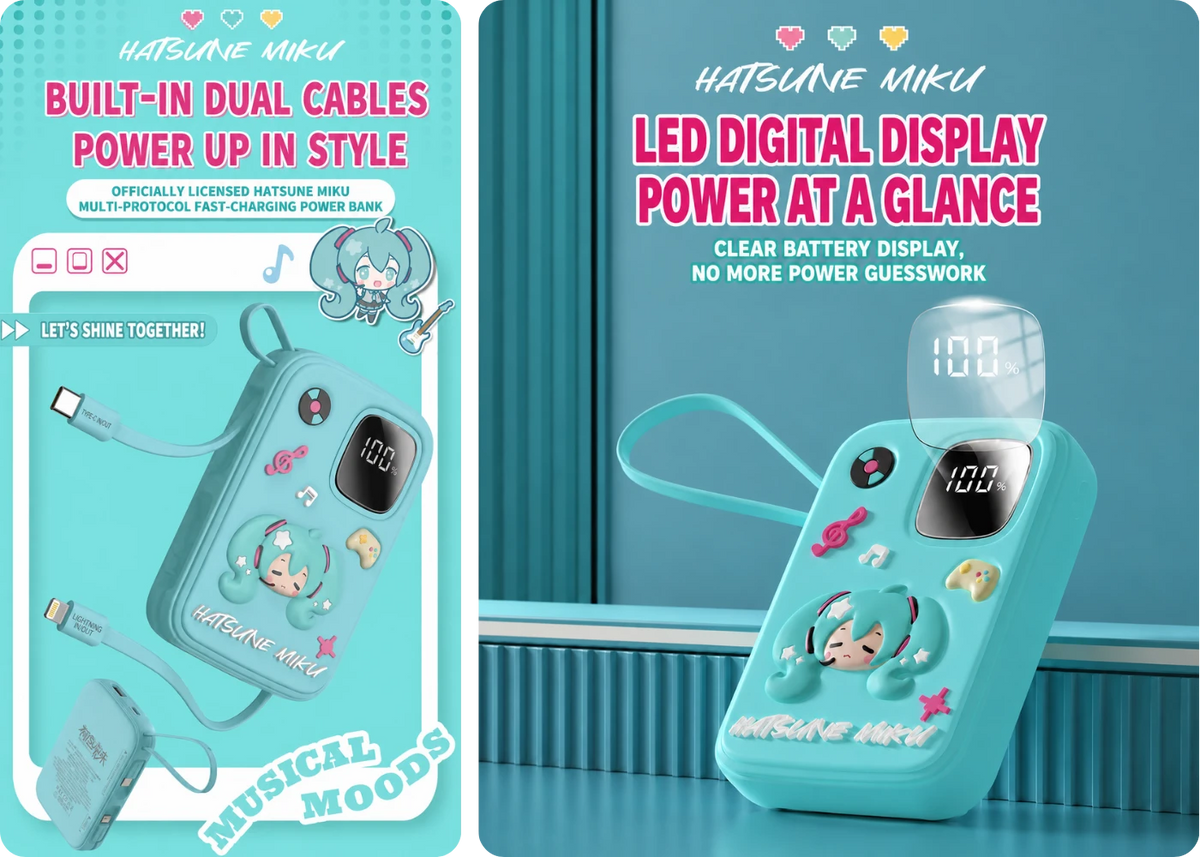 Hatsune Miku power bank with built-in charging cables and LED battery display