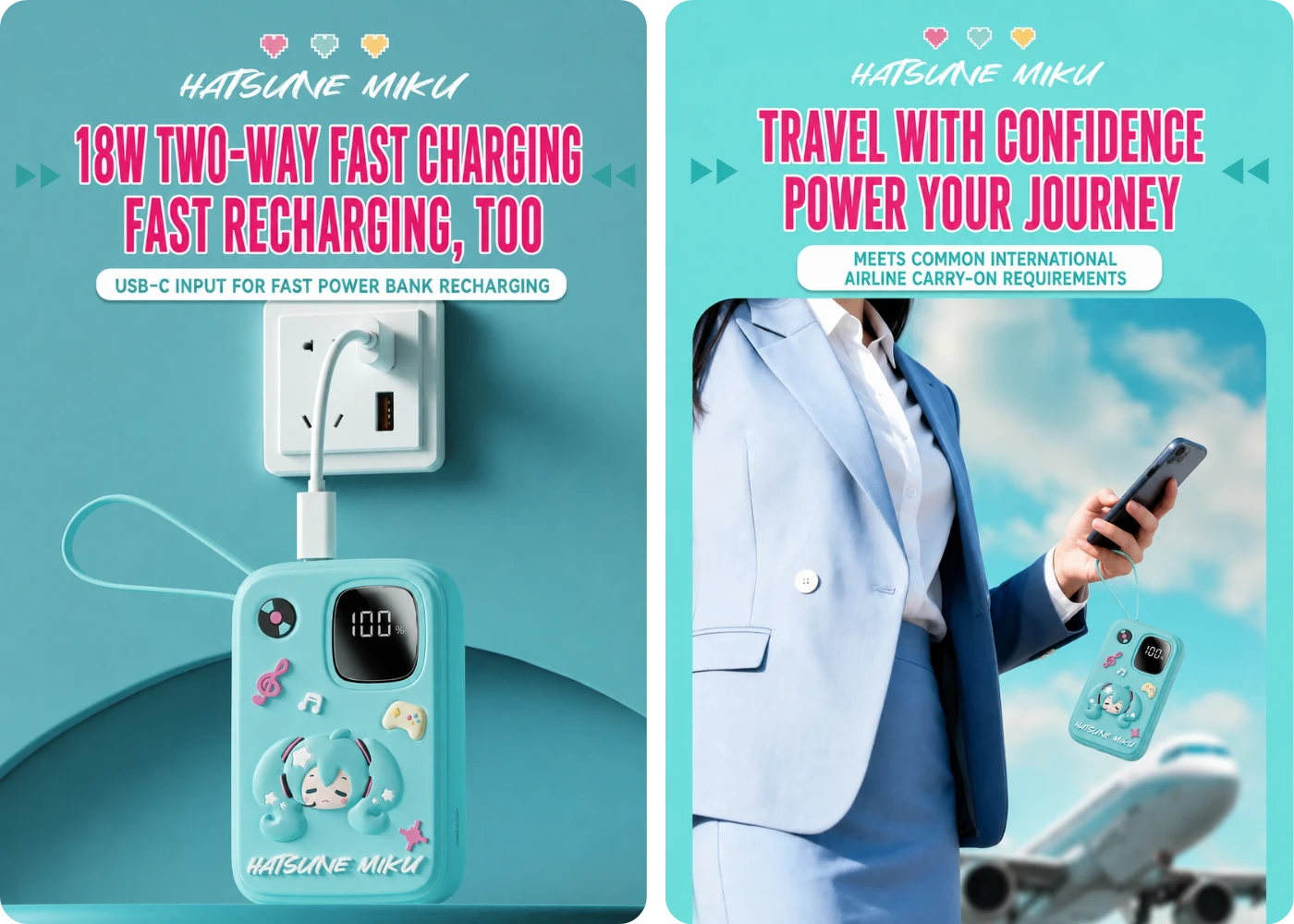 Hatsune Miku portable power bank with 18W two-way charging for travel