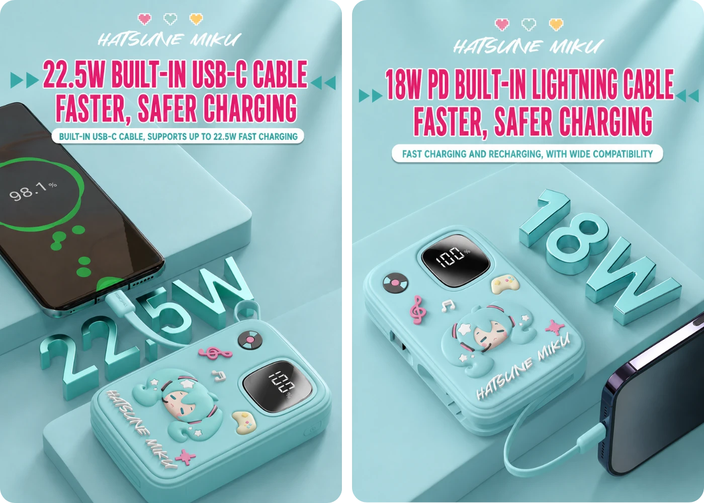 Hatsune Miku power bank with 22.5W USB-C and 18W Lightning fast charging