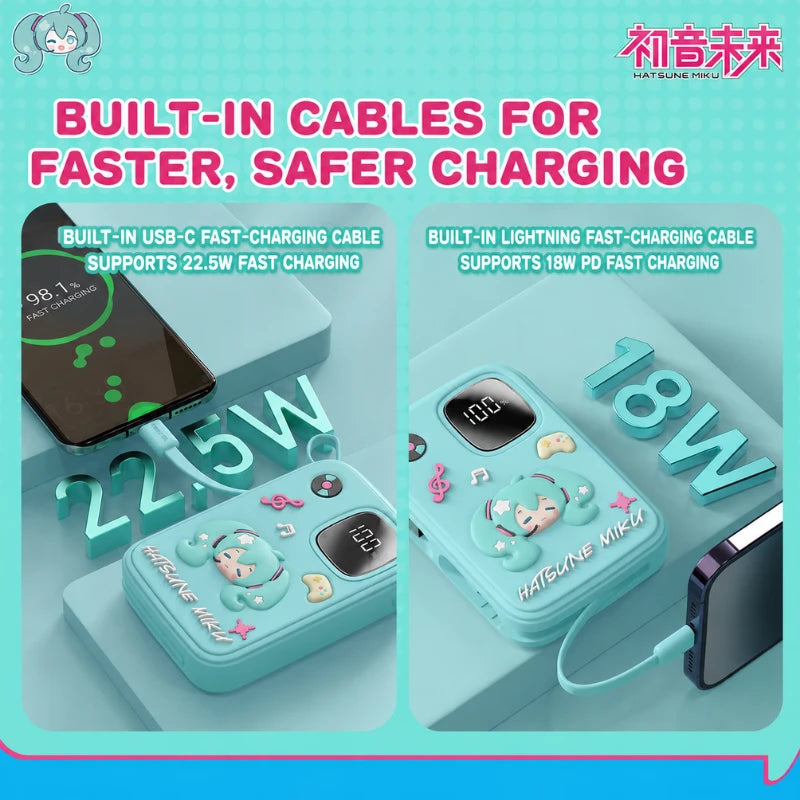 Hatsune Miku power bank with 22.5W USB-C and 18W Lightning charging cables