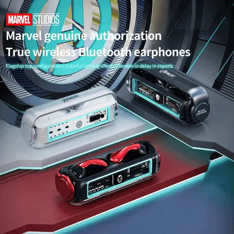 Marvel licensed earphones shown in red, black and white character colorways