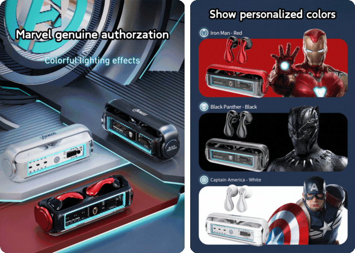 Marvel gaming earphones in Iron Man, Black Panther and Captain America themed colors