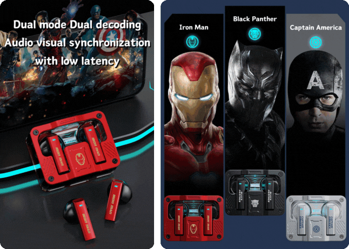 Marvel wireless earphones with low-latency dual-mode audio and licensed hero colorways