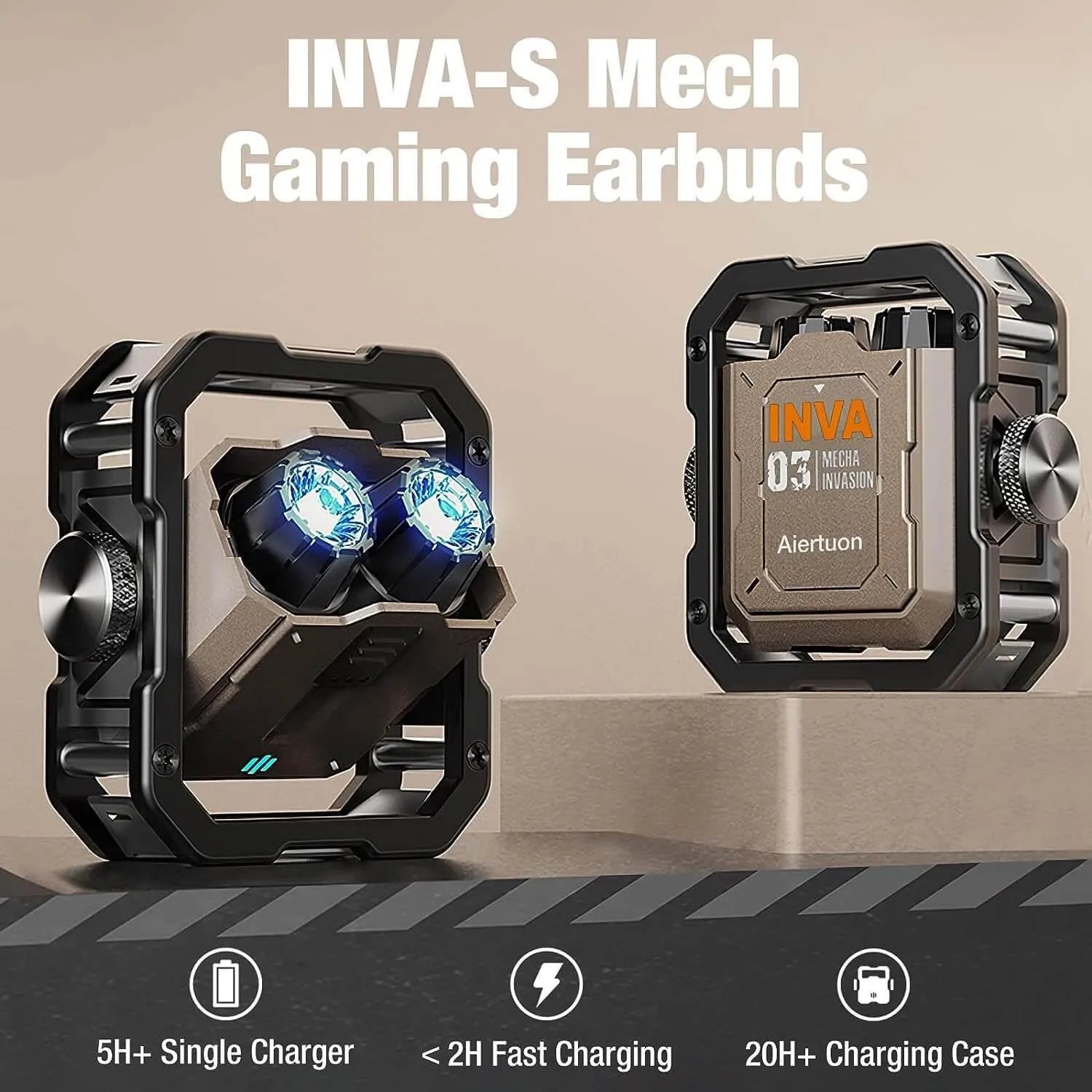 Fones gamer INVA-S Mech com estojo de carregamento futurista e luzes de LED sobre fundo bege