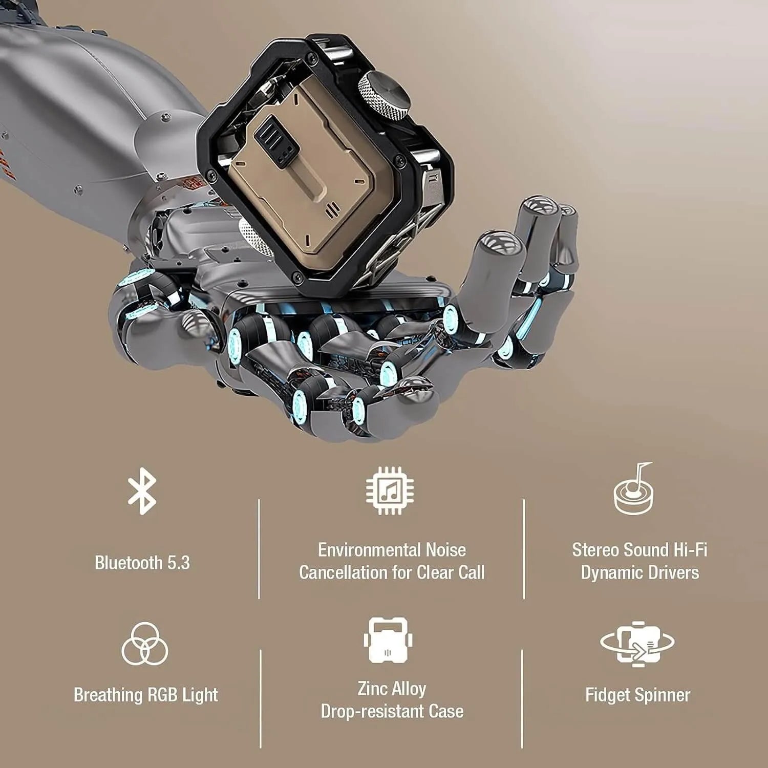 Mão robótica futurista segurando estojo quadrado de fones TWS, com ícones de recursos tecnológicos abaixo