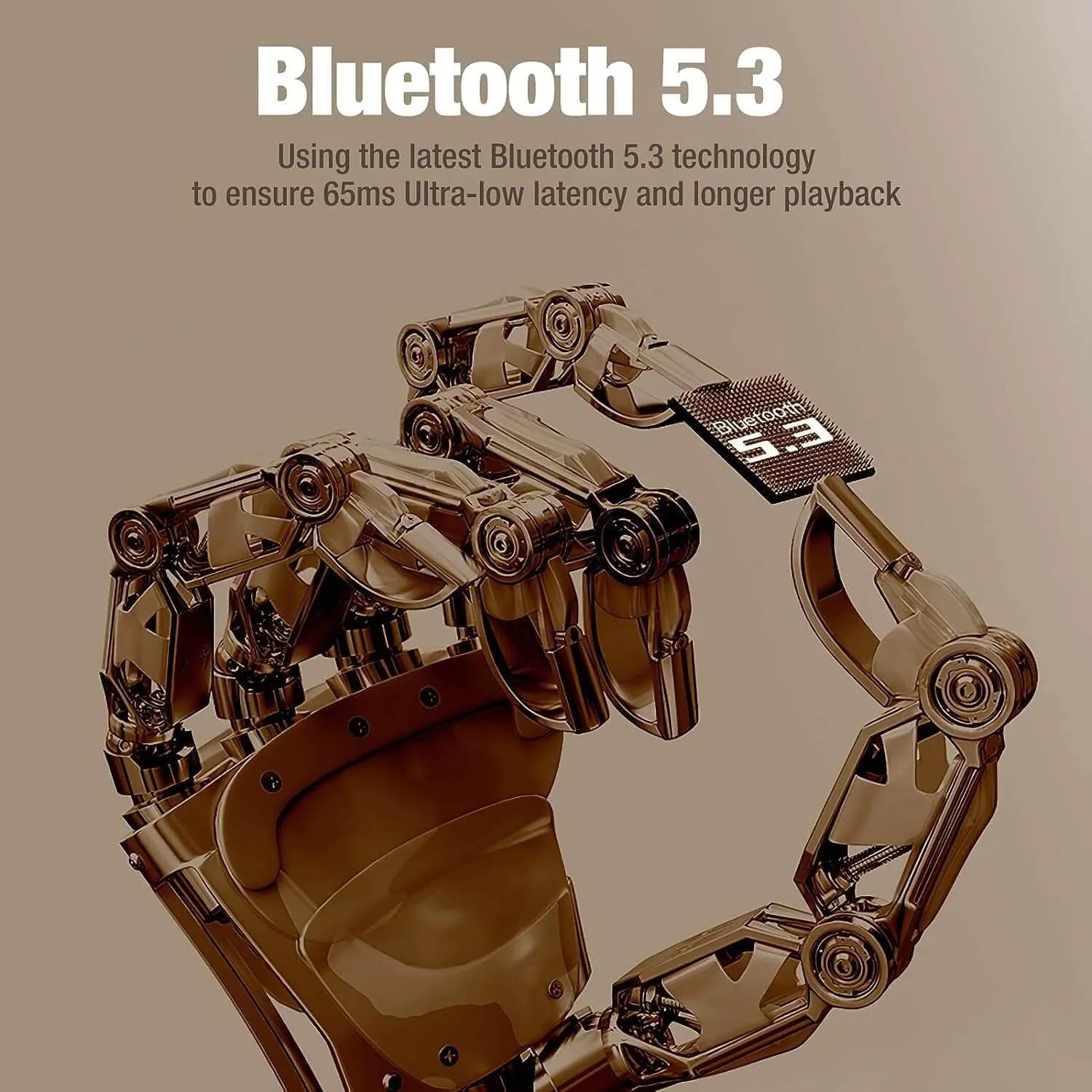 Mão robótica metálica segurando um chip Bluetooth 5.3 para promover a tecnologia dos fones sem fio