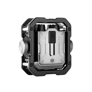 Estojo metálico futurista para fones TWS com design mecânico inspirado no estilo cyberpunk