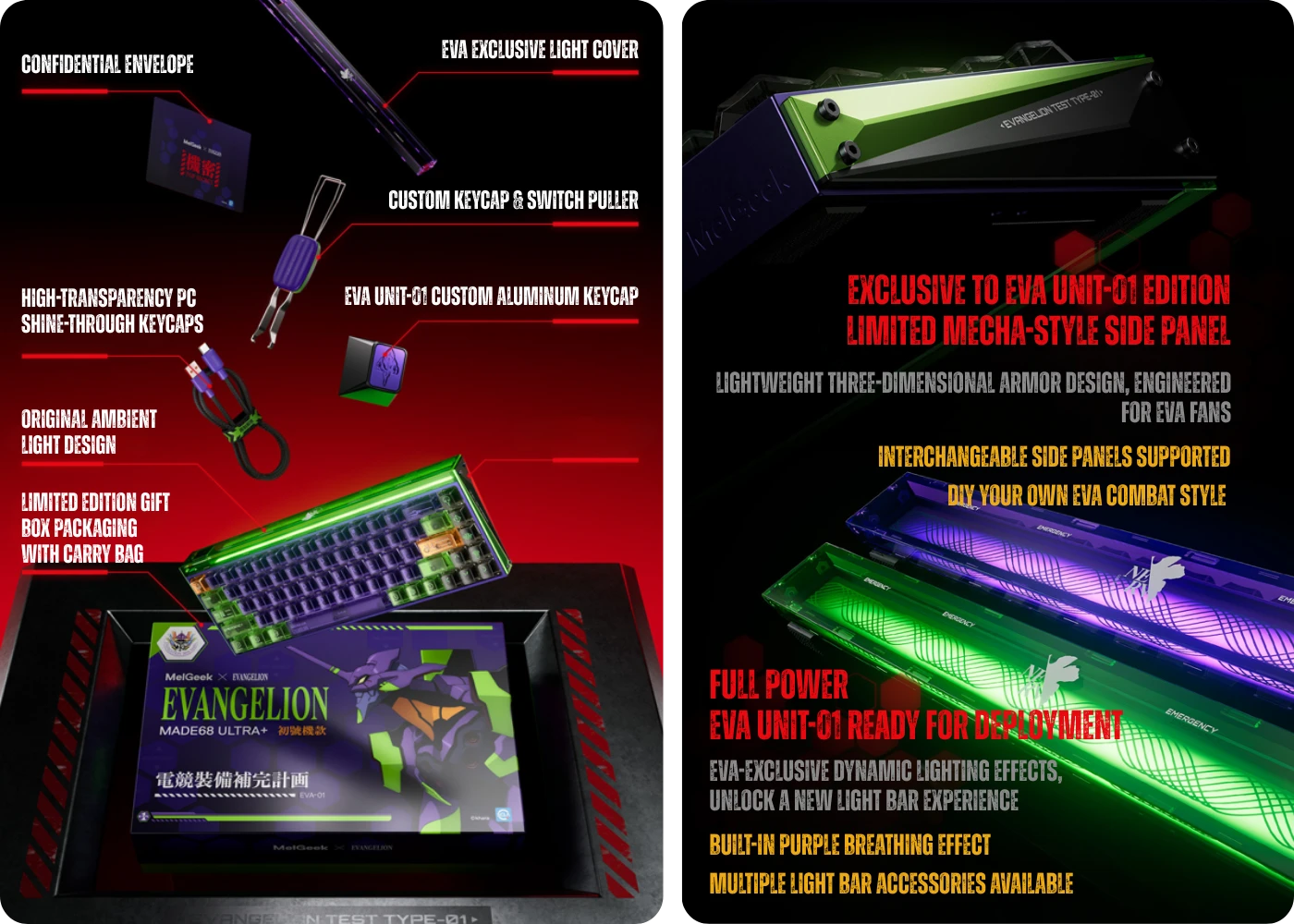 Evangelion EVA-01 MADE68 Ultra+ aluminum side panel and included accessories