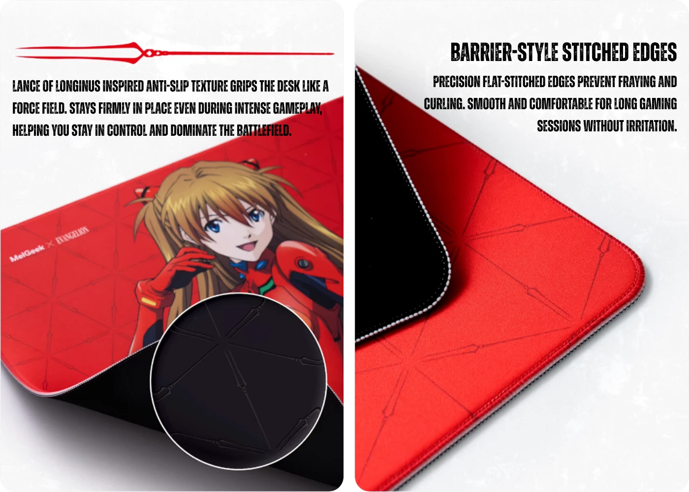 Anti-slip rubber base and precision stitched edges on the Evangelion gaming mouse pad