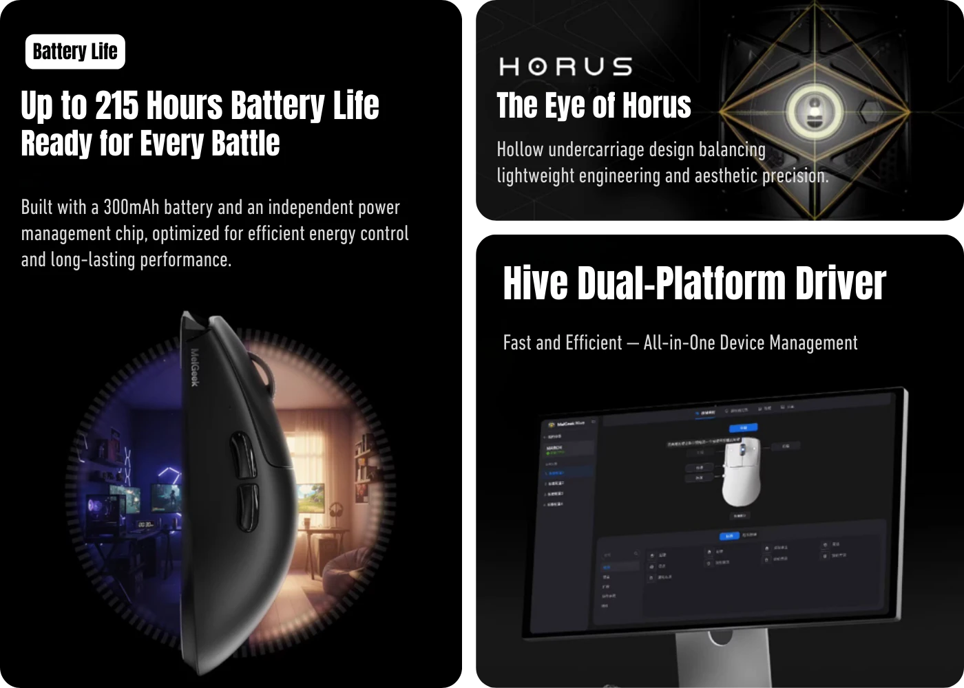 Long battery life and HIVE driver customization for the MelGeek HORUS gaming mouse